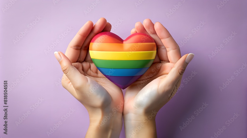 Womans hands hold heart in the colors of rainbow on light purple background. LGBT concept, Pride month. Top view, copy space Womans hands hold heart in the colors of rainbow on light purple background. LGBT concept, Pride month. Top view, copy space