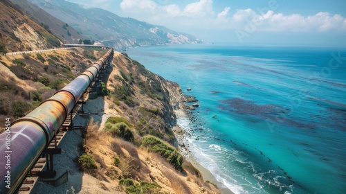 Oil pipeline running along a cliffside, with the ocean below photo