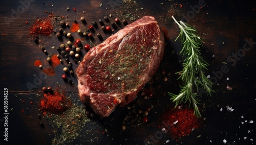 steak on top of spices on a table, in the style of dark green and dark crimson, lively and energetic, clear edge definition, dotted, stercore, streaked photo