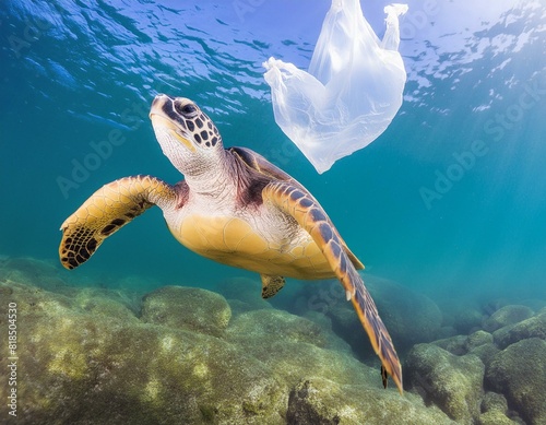 Turtle swims near a plastic bag. Plastic pollution in ocean  fighting for a clean ocean concept
