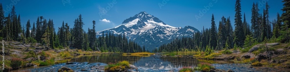 Majestic Snow-Capped Mountain with Pristine Lake and Forest in the Foreground under a Clear Blue Sky - Nature's Tranquil Beauty Majestic Snow-Capped Mountain with Pristine Lake and Forest in the Foreground under a Clear Blue Sky - Nature's Tranquil Beauty