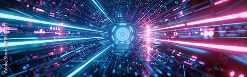 Abstract futuristic technology background with lines network high speed data transfer, big data, data center, server, internet, speed. dark blue and pink neon lights into digital technology tunnel