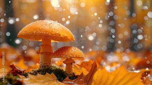 autumn seasonal background little mushrooms growing on a tree trunk in wet moss and fallen leaves on forest floor under rain drops and autumnal sun fall season magical ambience.llustration graphic
