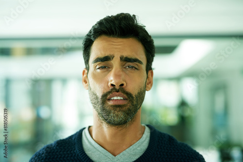 Sick man, portrait and fever with allergies, flu or cold in burnout, fatigue or depression at office. Male person or tired employee with illness, virus or sinus in stress or anxiety at workplace
