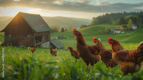 This beautiful image showcases free-range egg-laying chickens in both a field and a commercial chicken coop. The photograph captures the natural beauty of these birds and their living environment photo