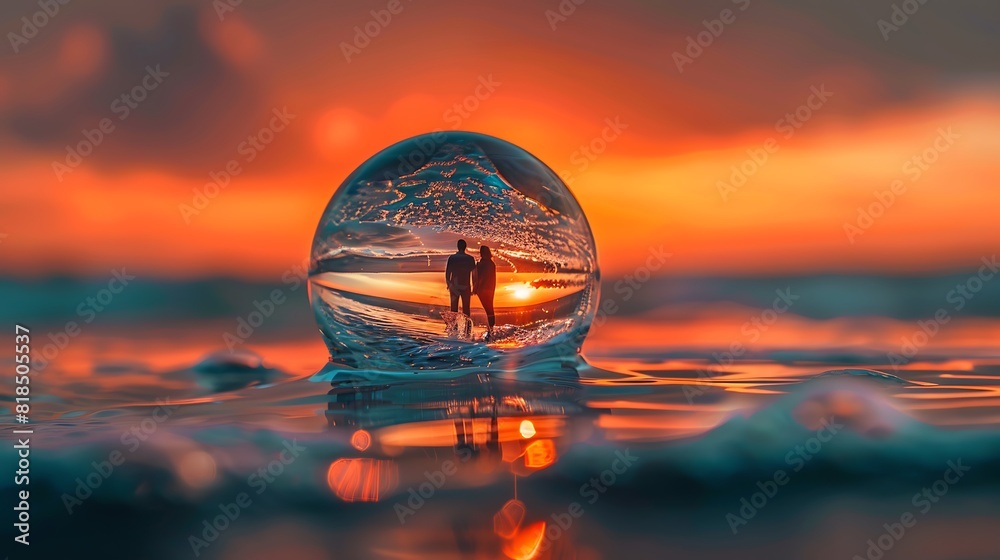 A magnified picture of a water droplet,that has a couple watching the sunset inside of it A magnified picture of a water droplet,that has a couple watching the sunset inside of it