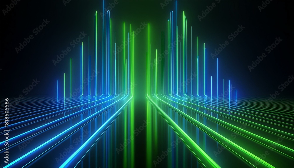 Abstract black background with green blue neon lines go up and disappear. 3d illustration