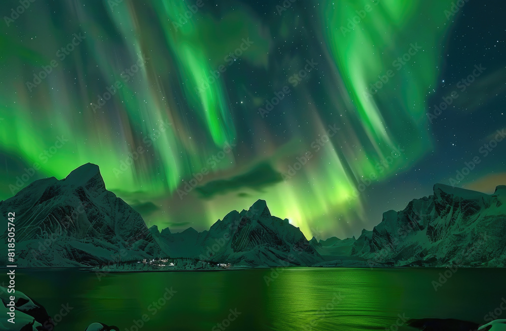 The Northern Lights dance above the snow covered mountains of Lofoten, Norway, creating an enchanting and mystical display in the night sky