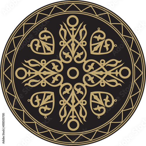 Vector gold on a black background Yakut round ornament. The circle of the ancestors of the northern peoples of the tundra. Talisman, amulet, protection symbol of longevity and infinity.