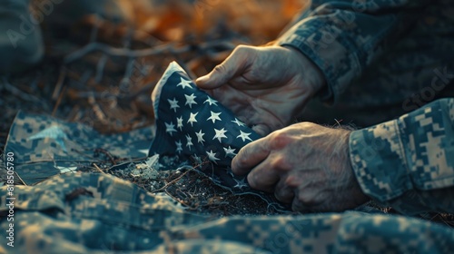 hands the folded US burial flag to the grieving widow, photo