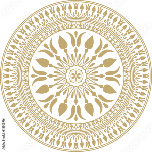 Vector golden classic Greek round ornament. Circle of Ancient Greece and the Roman Empire. Byzantine painting of walls, floors and ceilings. Decoration of European palaces