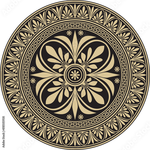 Vector gold with black classic Greek round ornament. Circle of Ancient Greece and the Roman Empire. Byzantine painting of walls, floors and ceilings. Decoration of European palaces