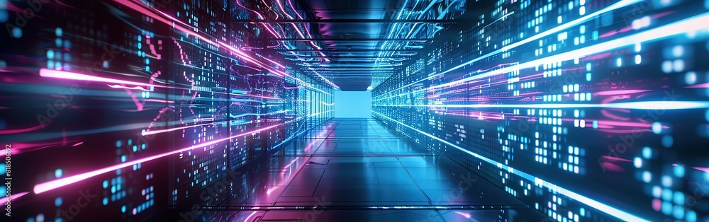Abstract futuristic technology background with lines network high speed data transfer, big data, data center, server, internet, speed. dark blue and pink neon lights into digital technology tunnel