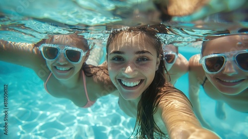 Cheerful female friends swimming underwater in the pool to take selfies Underwater selfie of a happy woman in a pool