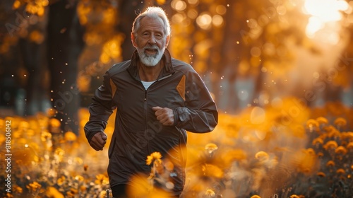 An active elderly man runs around the autumn park. Healthy lifestyle in retirement