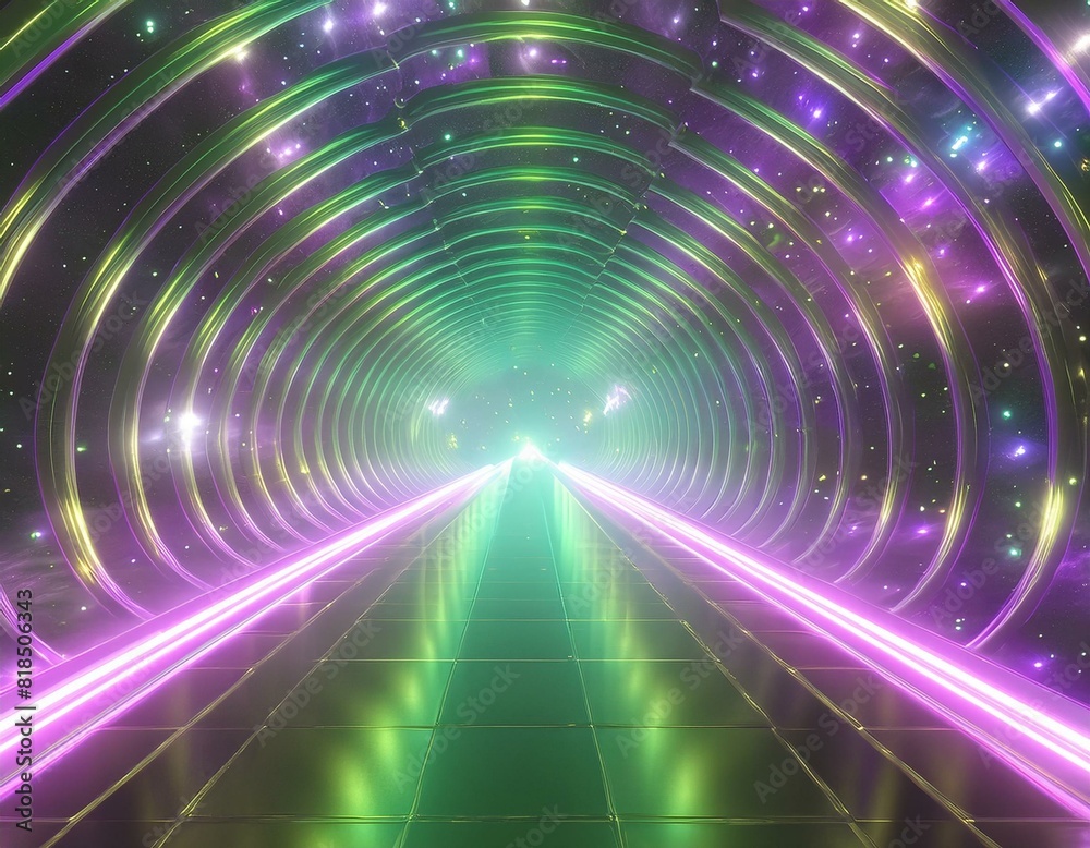Abstract flight in retro neon hyper warp space in the tunnel 3d illustration