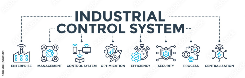 Industrial control system banner concept with icon of enterprise, management, control system, optimization, efficiency, security, process, and centralization. Web icon vector illustration Industrial control system banner concept with icon of enterprise, management, control system, optimization, efficiency, security, process, and centralization. Web icon vector illustration