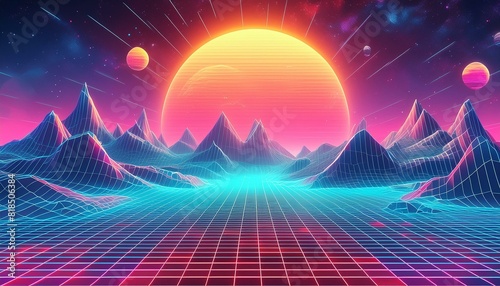 80s retro futuristic sci-fi. Retrowave VJ videogame landscape, neon lights and low poly terrain grid. Stylized vintage vaporwave 3d illustration background with mountains, sun and stars.