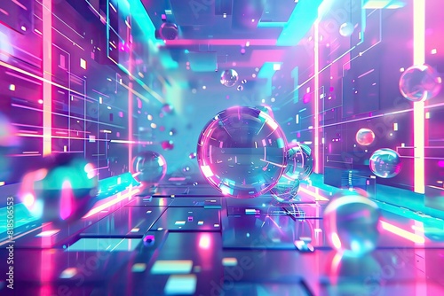 A vibrant, abstract hitech background with floating 3D shapes, holographic effects, and a prismatic color scheme photo