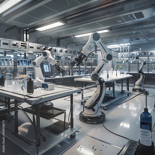 A stateoftheart laboratory with robotic arms, automated systems, and a sterile, hightech environment