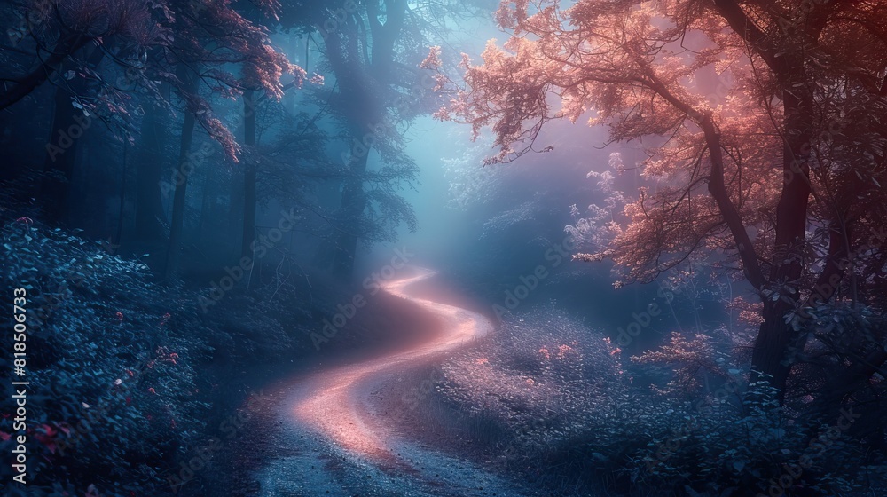 Mysterious path leading through an enchanting forest bathed in ethereal light
