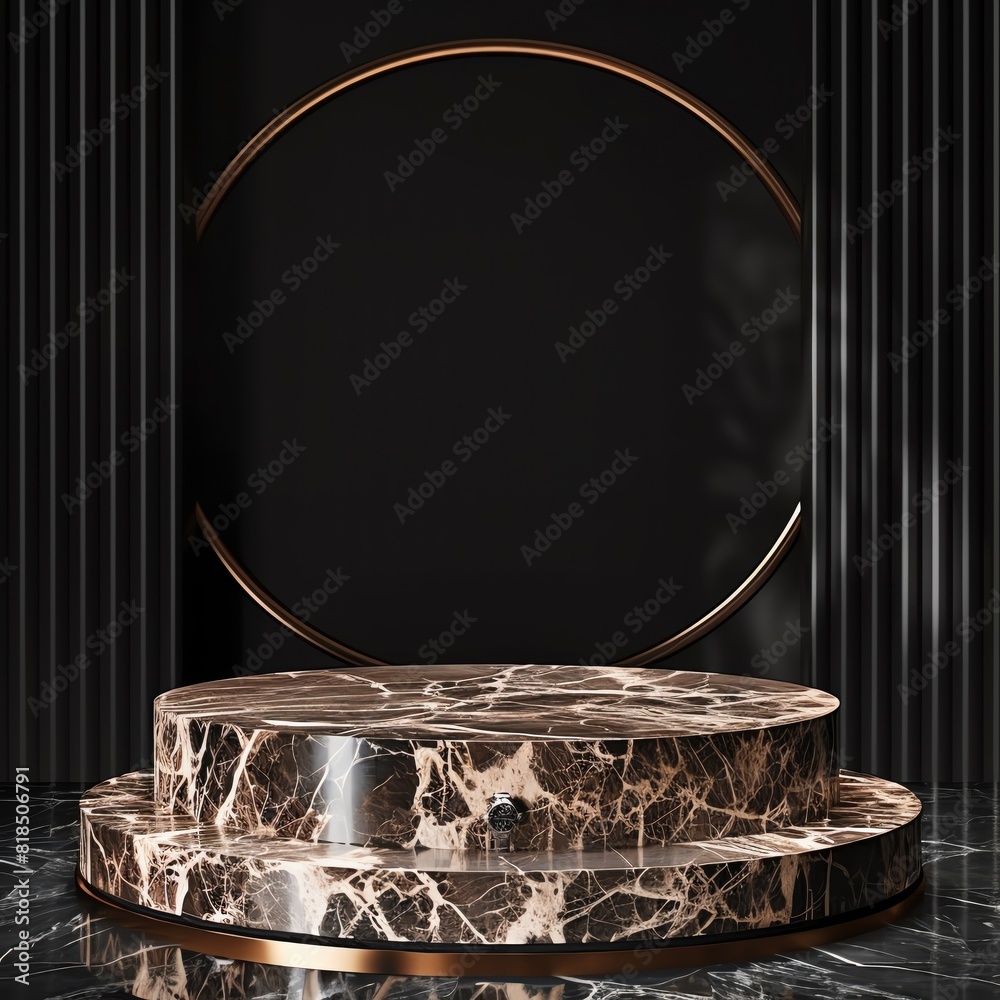 A sophisticated, marble podium with elegant lines and a black backdrop, designed for advertising luxury watches or fine fragrances