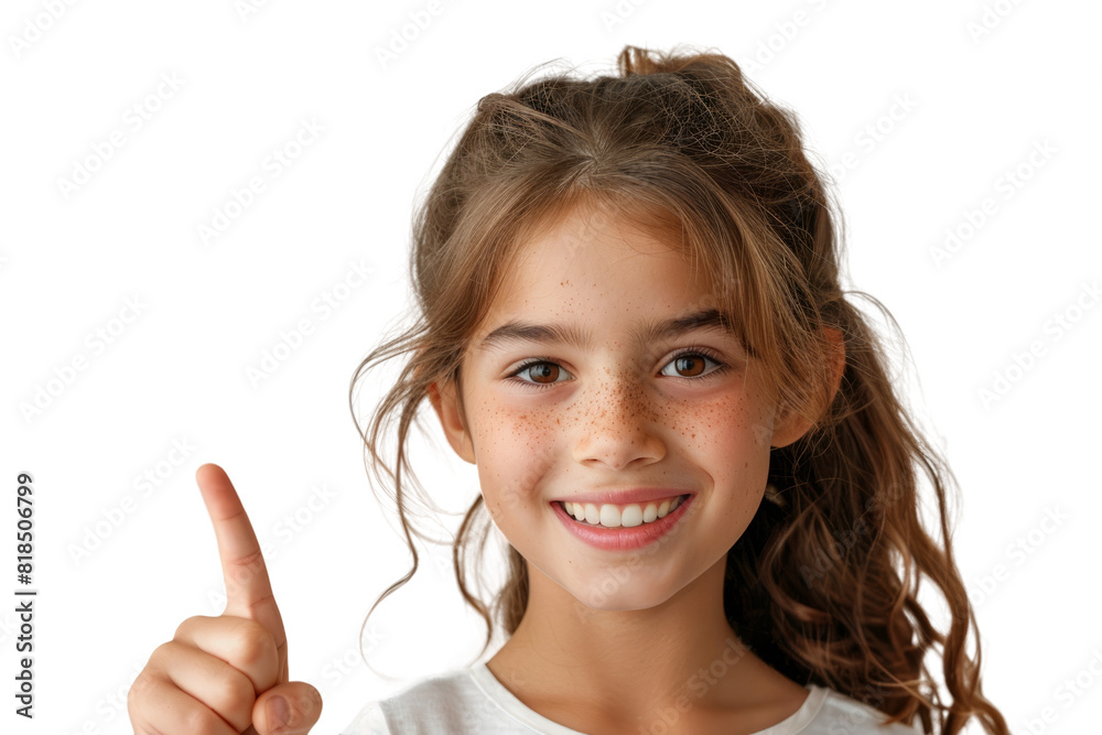 A beautiful girl with a smile points to the blank space next to her A beautiful girl with a smile points to the blank space next to her
