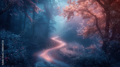 Mysterious path leading through an enchanting forest bathed in ethereal light