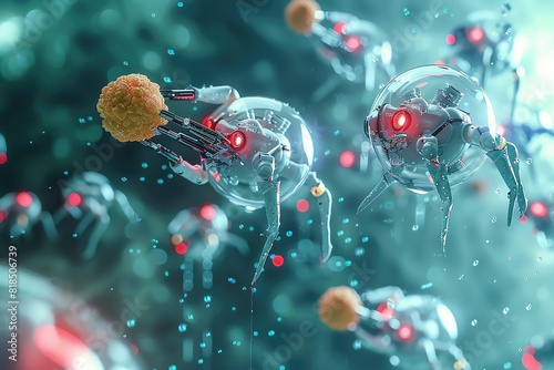 A detailed digital illustration of nanoscale robots repairing human cells, highlighting the precision and futuristic aspects of nanotechnology