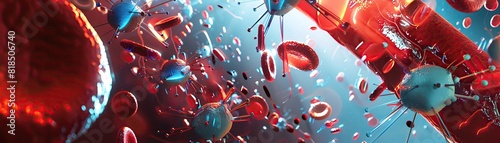 A futuristic scene of nanobots working inside the human bloodstream, repairing tissues and attacking pathogens with a bright, dynamic color scheme