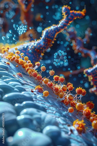 A captivating illustration of a nanoscale drug delivery system, showing tiny particles targeting specific cells in the body with precision photo