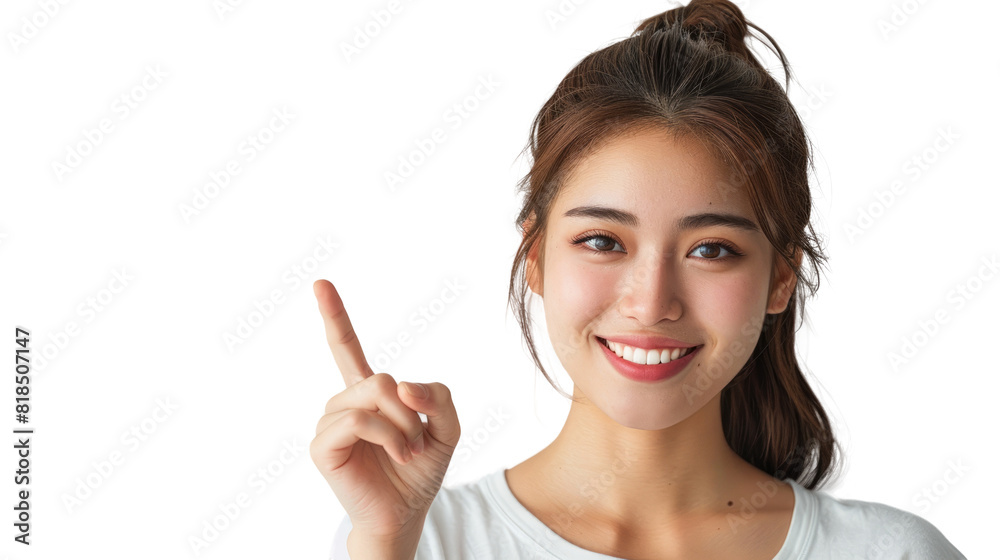 A beautiful woman with a smile points to the blank space next to her A beautiful woman with a smile points to the blank space next to her