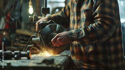 skilled worker grinding metal in industrial workshop craftsmanship and manual labor photography © Bijac