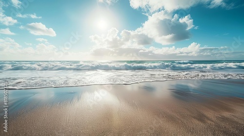 tranquil beach scene with glistening sand and calm ocean waves serene landscape photography