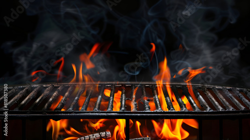 Hot empty portable barbecue BBQ grill with flaming fire and ember charcoal on black background. Waiting for the placement of your food. Close up