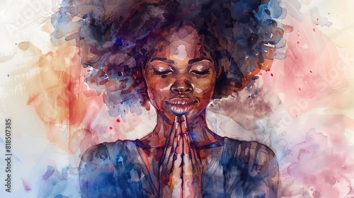 serene african american woman praying with clasped hands hopeful watercolor portrait