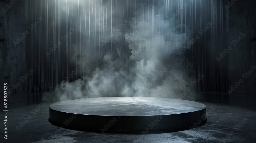 An empty cylindrical product display podium against a dark abstract wall with drifting smoke
