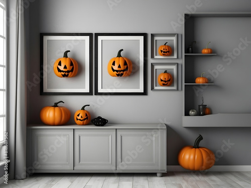 Mock-up frames on the shelf decorated with scary stuff in Halloween concept design, 3D rendering