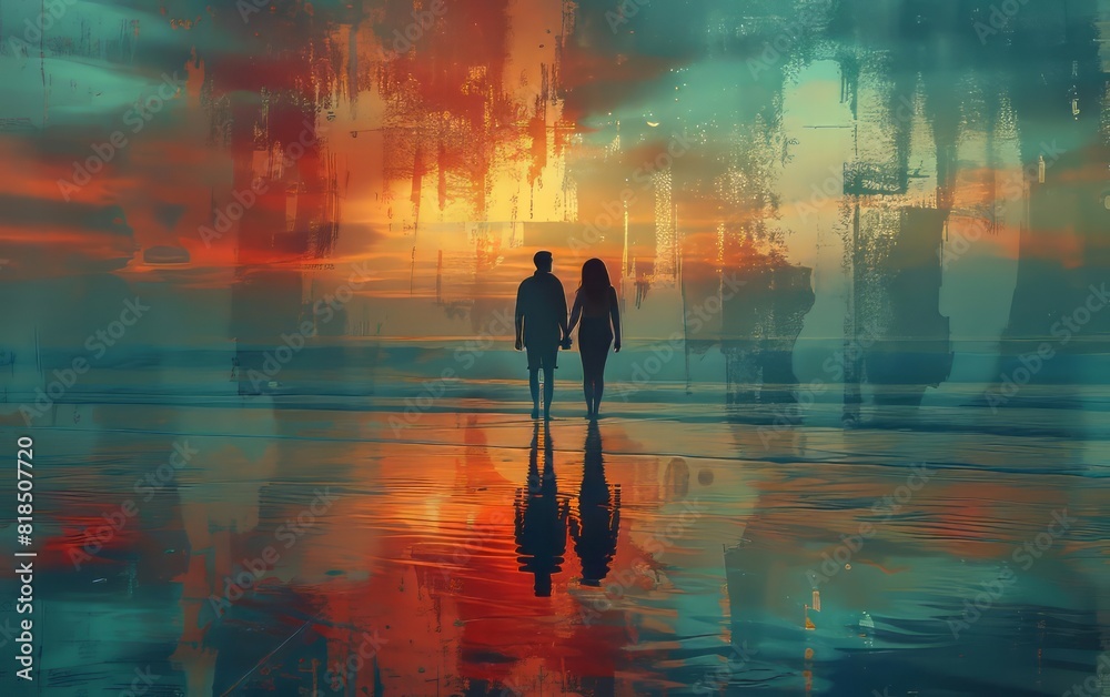 Obraz premium A couple holding hands walking on the beach at sunset with a reflection, blending abstract and dreamy elements for an artistic effect.