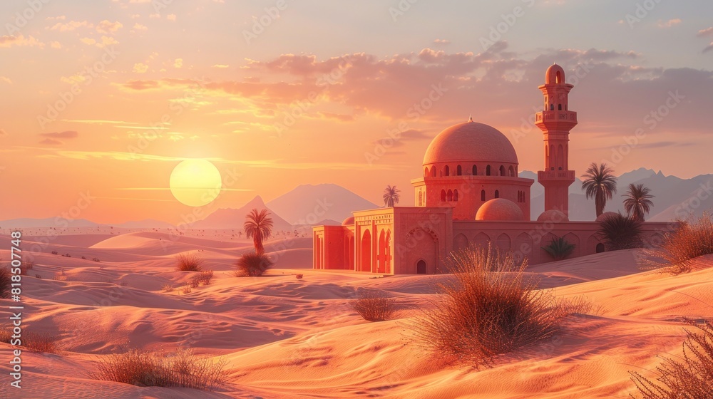 Fototapeta premium Desert landscape with minimalist Arabic festival decorations