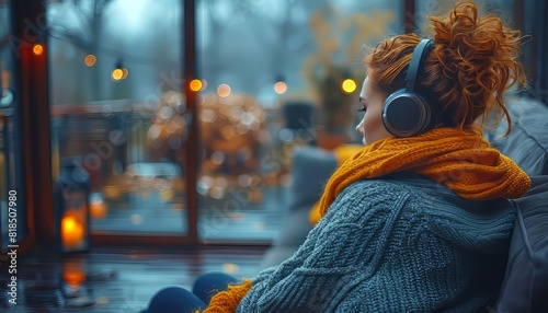 Cozy autumn scene with woman wearing headphones, sitting indoors by the window, wrapped in a warm orange scarf and grey sweater. photo