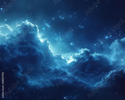 Dark, starry night sky filled with luminescent clouds, creating a mesmerizing and peaceful celestial scene perfect for backgrounds.