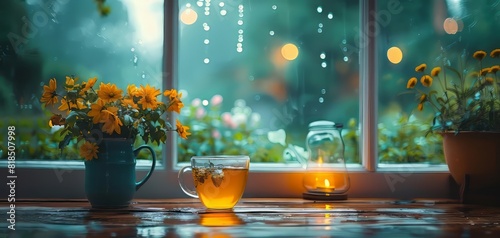 Cozy indoor scene with a hot tea and flowers by a rainy window, illuminated by soft candlelight, creating a peaceful atmosphere.