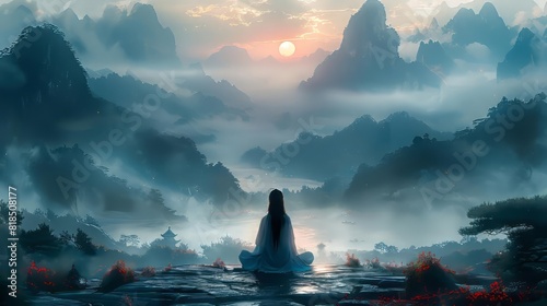 Serene landscape with person meditating at sunrise, surrounded by misty mountains and vibrant flowers, creating a peaceful atmosphere.