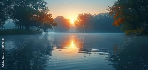 Serene sunrise over a tranquil lake with a misty atmosphere and surrounding trees reflecting on the calm water, creating a peaceful scene. photo