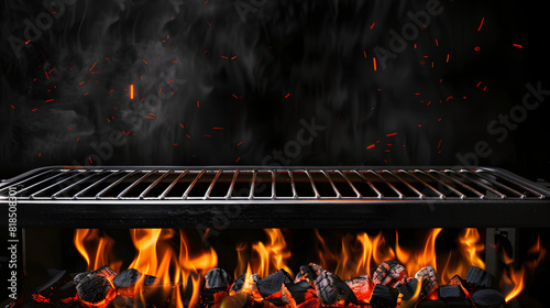 Hot empty portable barbecue BBQ grill with flaming fire and ember charcoal on black background. Waiting for the placement of your food. Close up