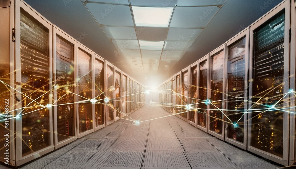 Digital information flows through the network and data servers behind ...