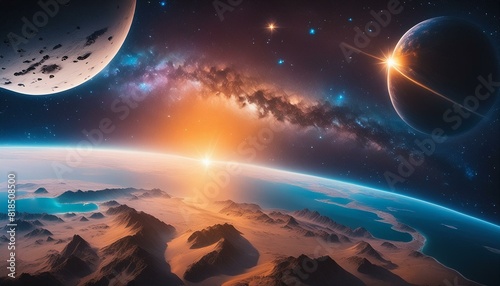 sunrise over the planet, galaxy in space, hole over star field in outer space, abstract space wallpaper with form of letter O and sparks of light with copy space. Elements of this image furnished