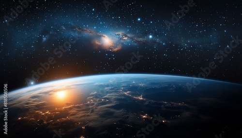 sunrise over the planet  galaxy in space   hole over star field in outer space  abstract space wallpaper with form of letter O and sparks of light with copy space. Elements of this image furnished