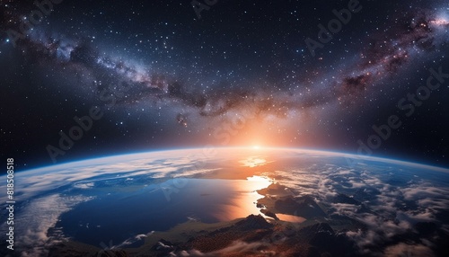 sunrise over the planet, galaxy in space, hole over star field in outer space, abstract space wallpaper with form of letter O and sparks of light with copy space. Elements of this image furnished